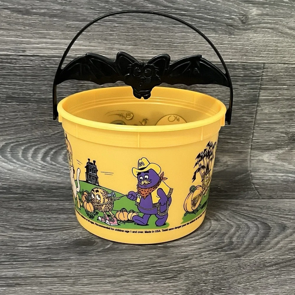Vintage 2001 McDonald's Halloween Bucket W/ Bat Handle Grimace Hamburglar Orange
